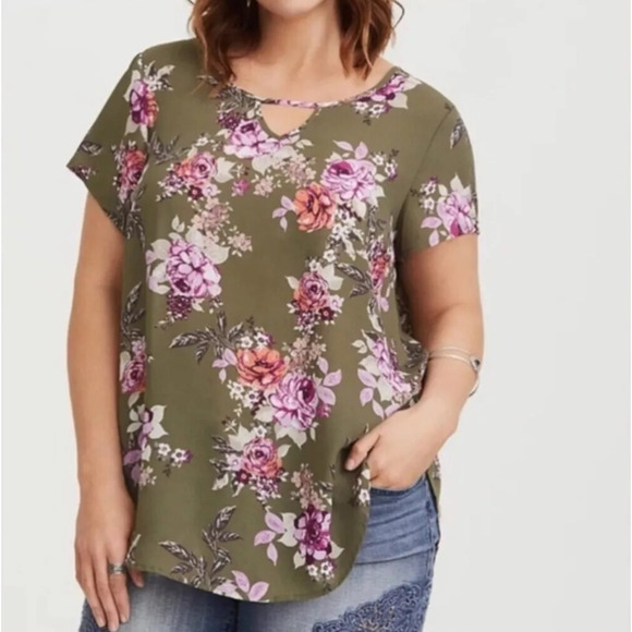 torrid Tops - Torrid Floral Print Georgette Keyhole Blouse Green Lightweight Plus Size 1 1X